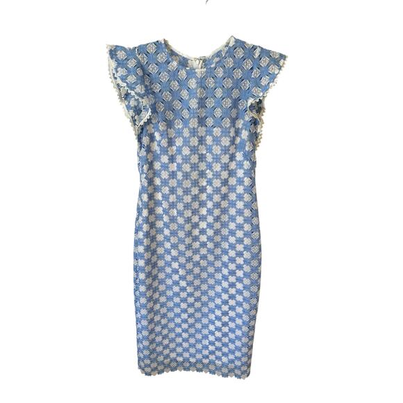 SHOSHANNA Rachel Ruffle Lace Midi Dress Size 12 Blue & White Wedding Guest - Picture 2 of 14